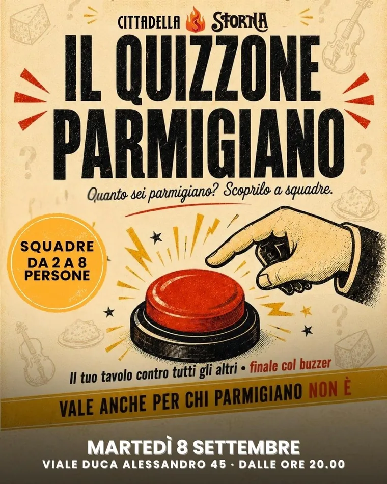 Locandina del Quizzone Parmigiano di martedì 8 settembre in viale Duca Alessandro 45